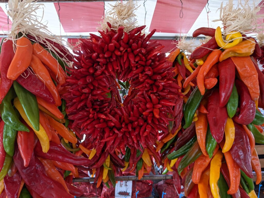Several varieties of Hatch chile ristras